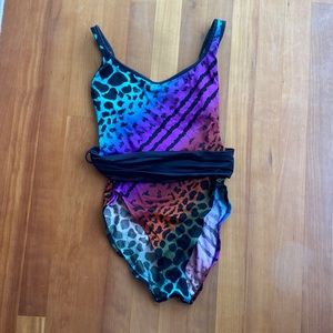 Rose Marie Reid 80s Multi-Colored Animal Print Belted Swimsuit in Size 8